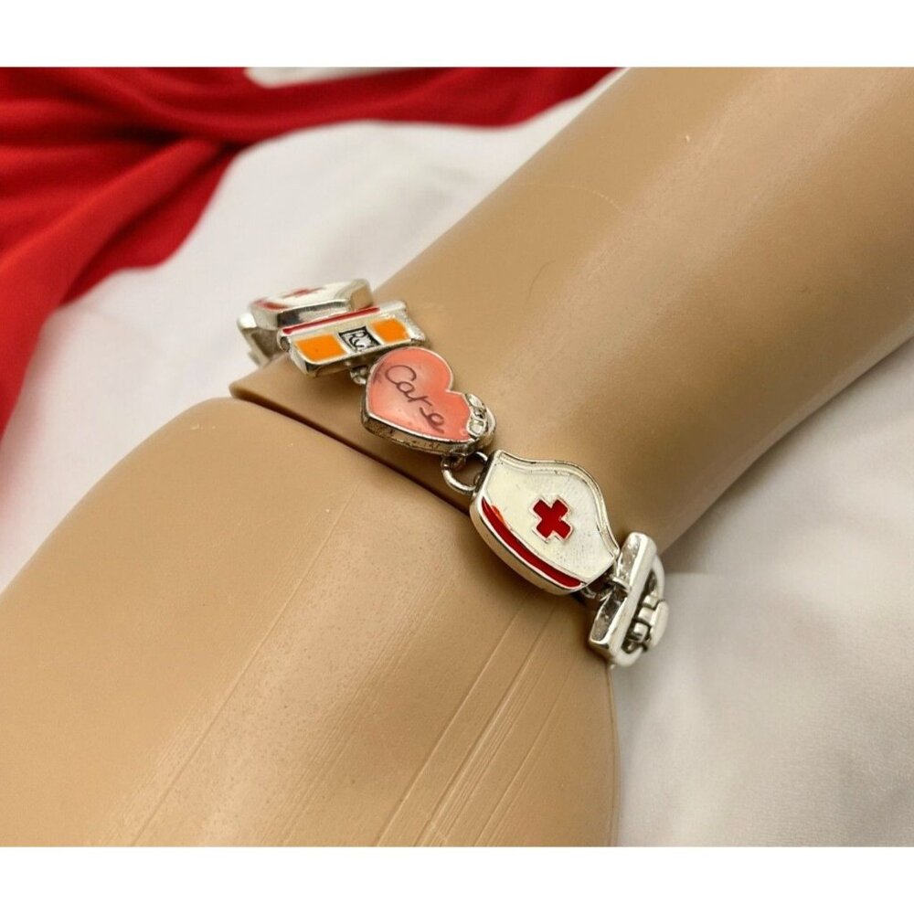 Vintage Nurse Doctor Charm Bracelet Hospital Medical Silver Tone Loving Care